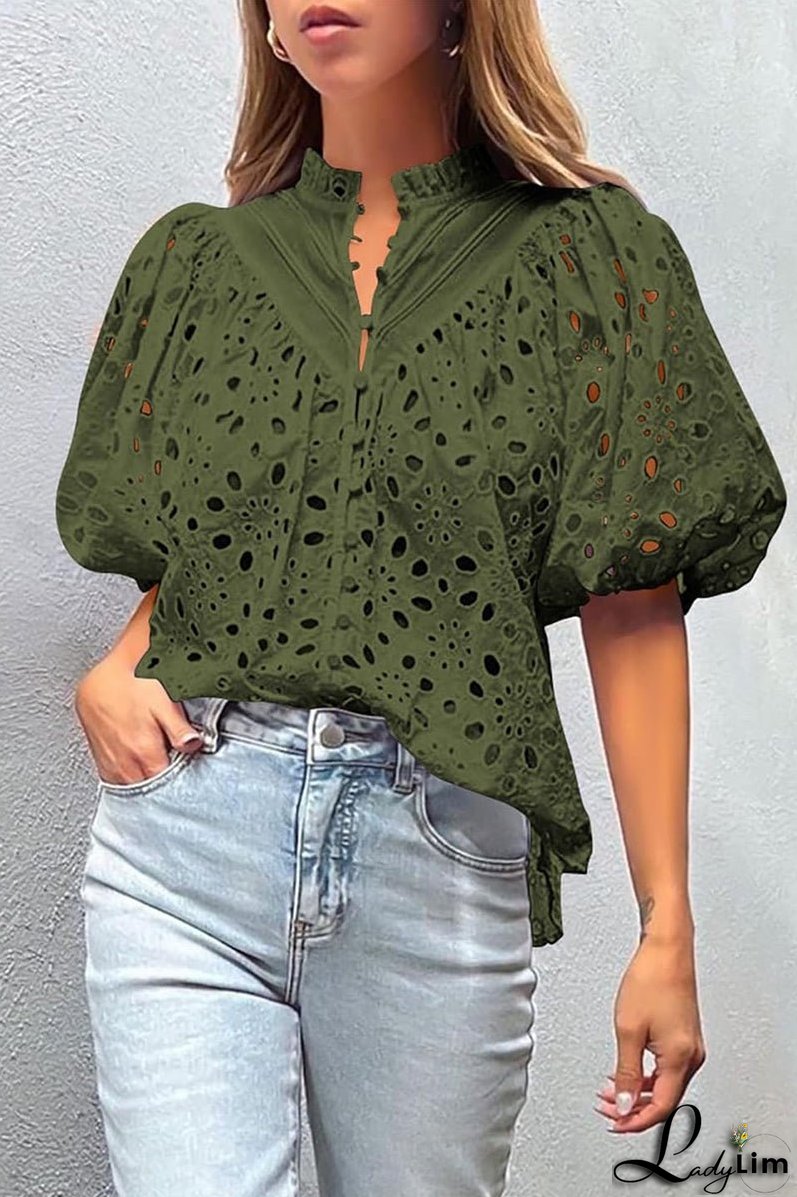 Casual Solid Hollowed Out Buckle Mandarin Collar Tops