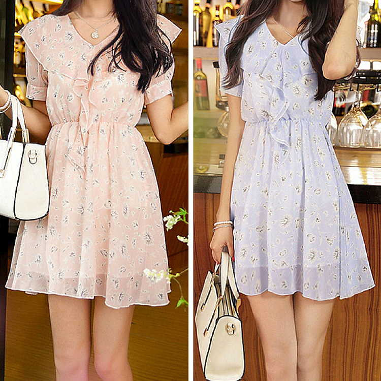 S-XL Blue/Pink Sweet Princess Floral Printing Chiffon Dress SP166089