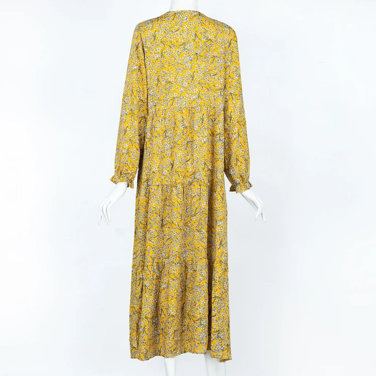Bohemia Printed Long Sleeve Stand Collar Maxi Dress - yankia
