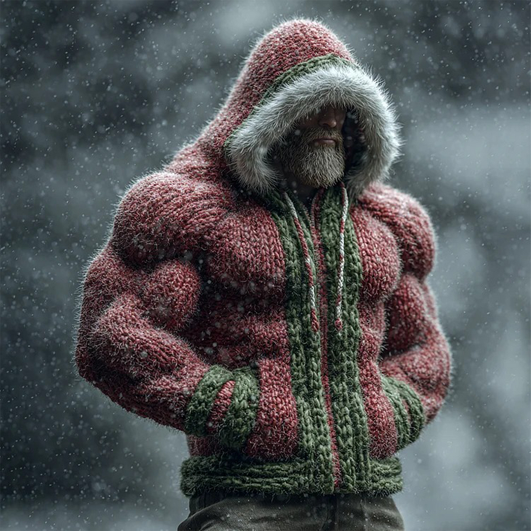 3D Print Christmas Ugly Sweater Men's Christmas Muscles Fuzzy Printed Cozy Knit Zipped Hoodie-inspireuse