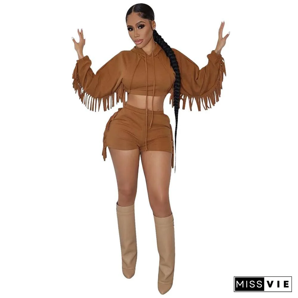 Tassel Hooded Crop Top+Bike Shorts Sets