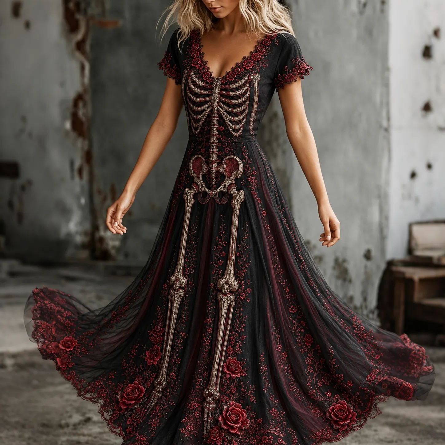 Women's Vintage Skeleton Floral  Art V-neck Short Sleeve Maxi Dress artswardrobe