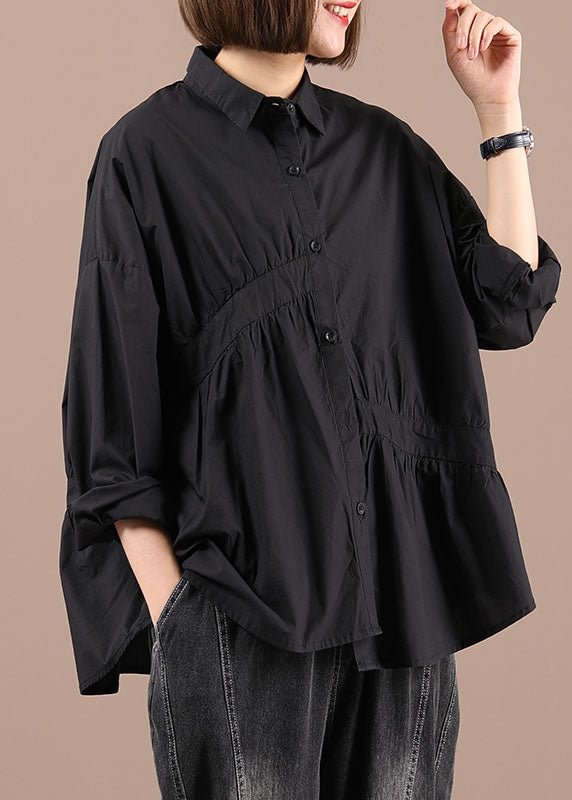 Italian Black PeterPan Collar Wrinkled Button Fall Shirt Long Sleeve CK2203- Fabulory