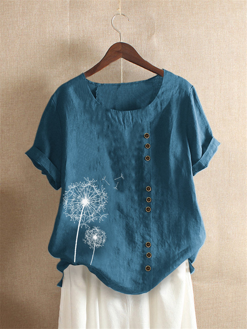 Elegant Dandelion Print Cotton Linen Casual Women O-Neck Short Sleeve  T-shirts