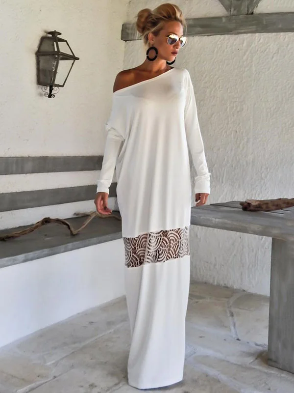 White&Coffee Hollow Split-Joint Elasticity Long Sleeve Maxi Dress