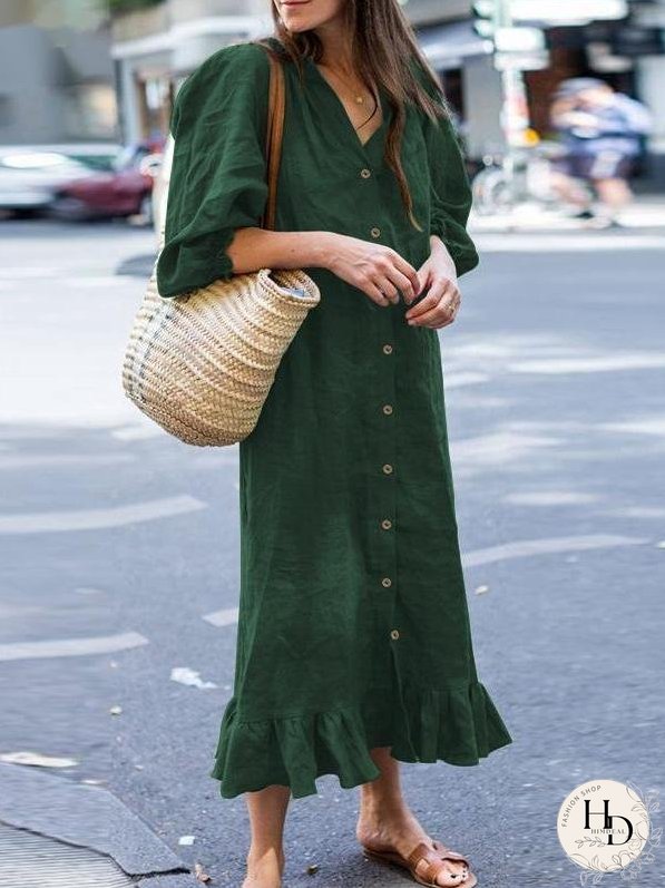 Dresses Solid Lotus Leaf Collar Button Casual Dress for Women