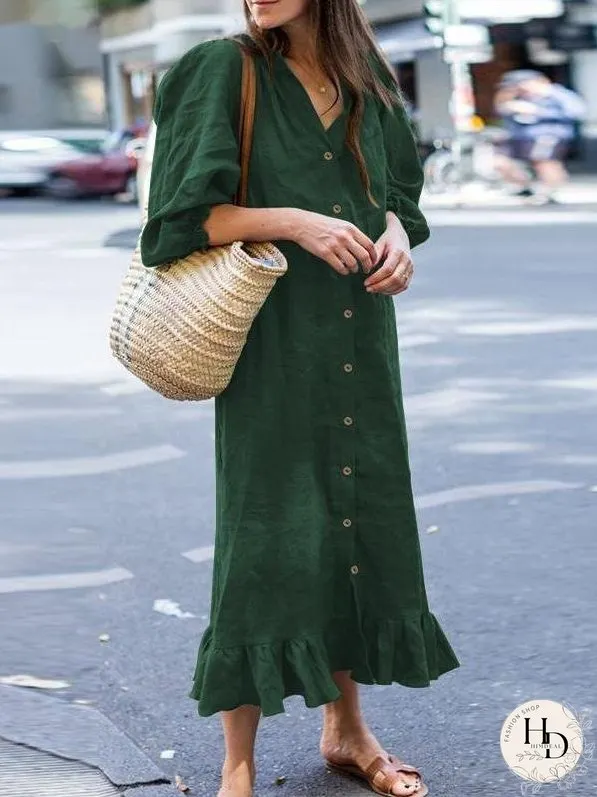 Dresses Solid Lotus Leaf Collar Button Casual Dress for Women