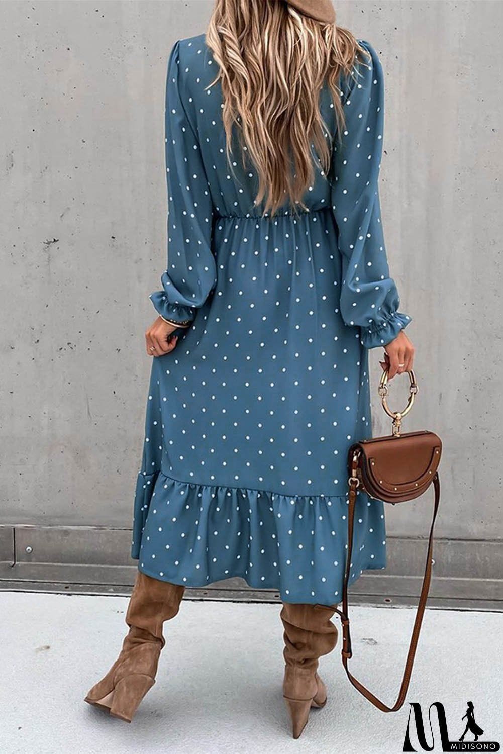 MidiSono - Blue Button Polka Dot High Slit Ruffled Long Sleeve Midi Dress