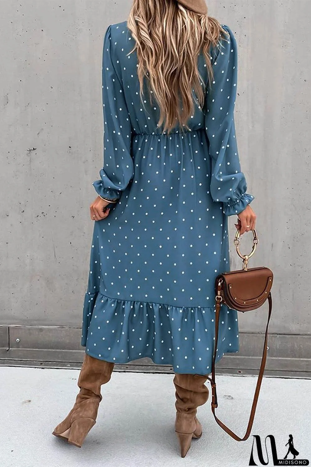 MidiSono - Blue Button Polka Dot High Slit Ruffled Long Sleeve Midi Dress