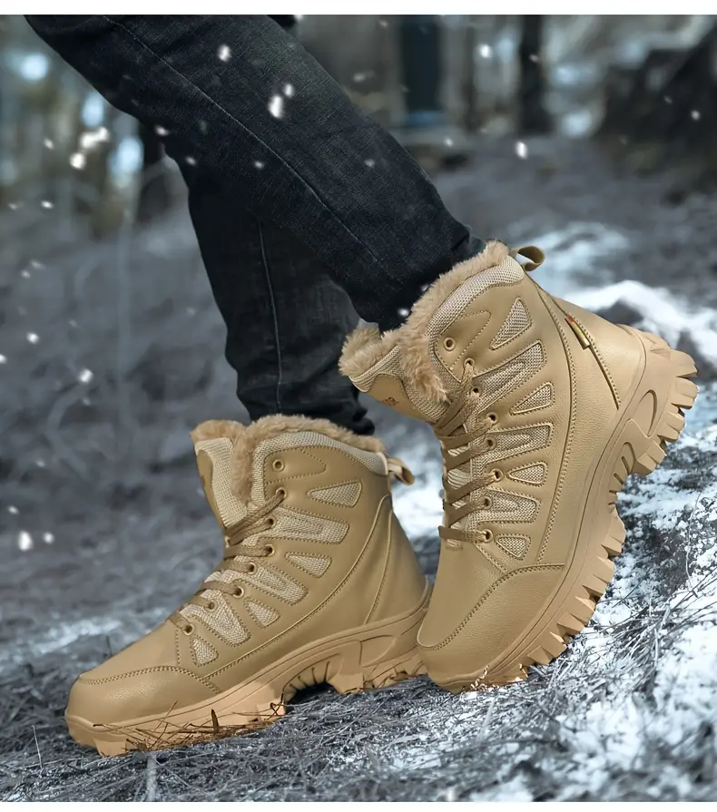 mens solid ankle boots with warm plush lining comfy non slip casual lace up shoes for mens winter outdoor activities details 0
