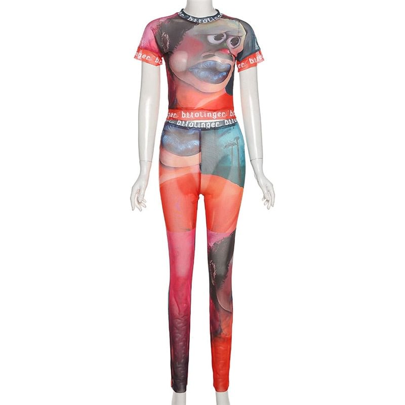 Two Piece Set Women Funny Mesh  Undefined Y2K Letter Cartoon Print Short Top+Gorgeous Sheath Slim High Waist Trousers