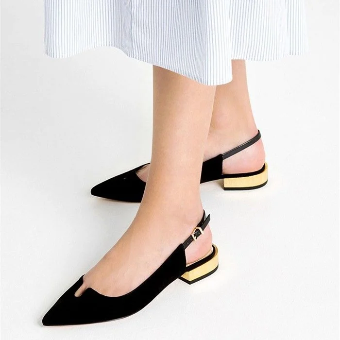 Black Chunky Heels Pointed Toe Slingback Pumps Comfortable Shoes |FSJ Shoes