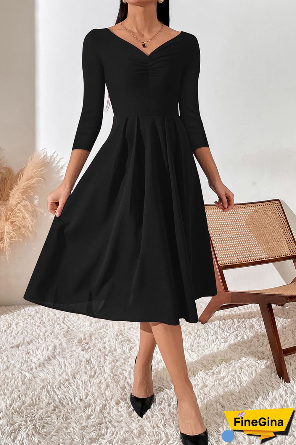 Black Casual Solid Patchwork V Neck A Line Dresses