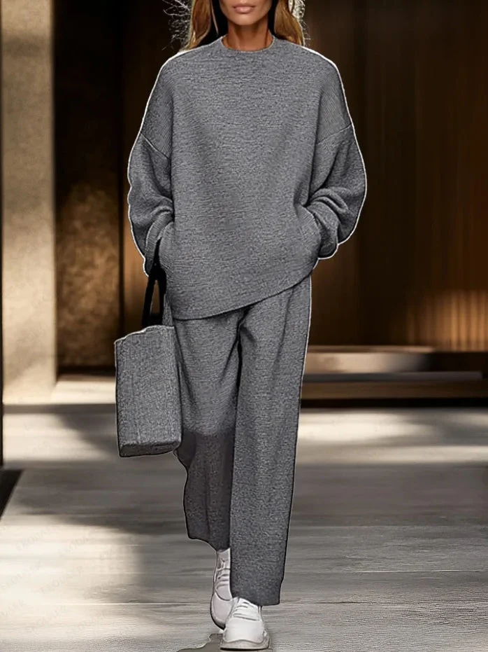 Comfortable Gray Top and Wide-leg Pants Casual Two-piece Set