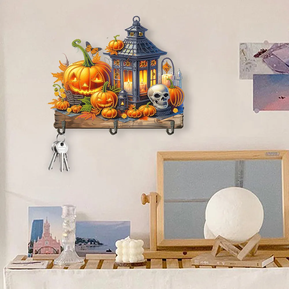 DIY Lantern Pumpkin Wooden Special Shape 3 Hooks Diamond Painting Hook Rail