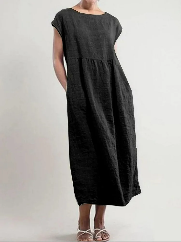 Solid Color Sleeveless Loose Cotton Linen Pocket Dress