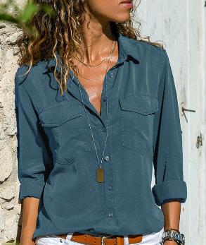 Cotton-Blend Shift Long Sleeve Shirt Collar Blouse