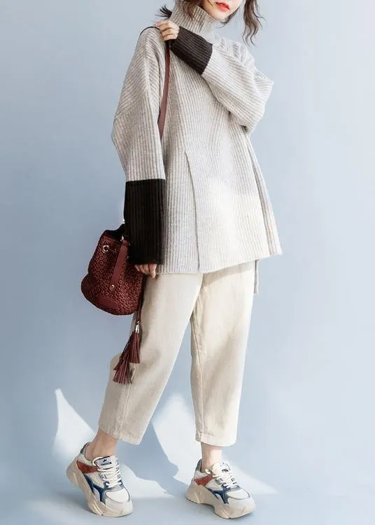 For Spring beige knitted top plus size high neck knit wear front open