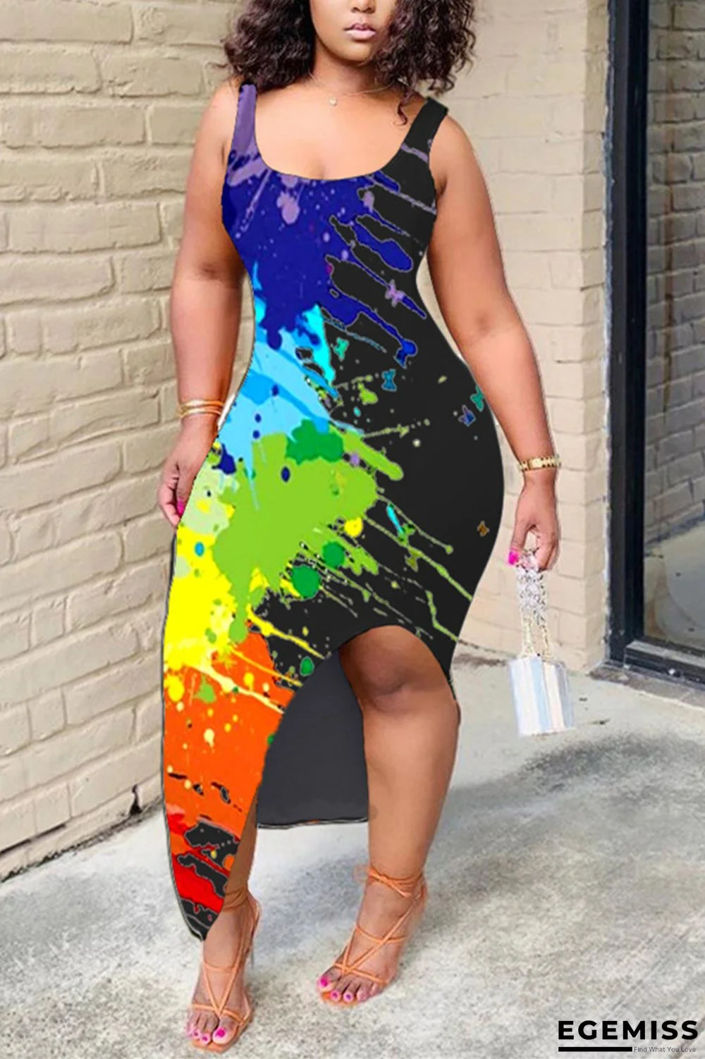 Black Sexy Casual Sleeveless O neck Asymmetrical Ankle-Length Print asymmetrical Dresses | EGEMISS
