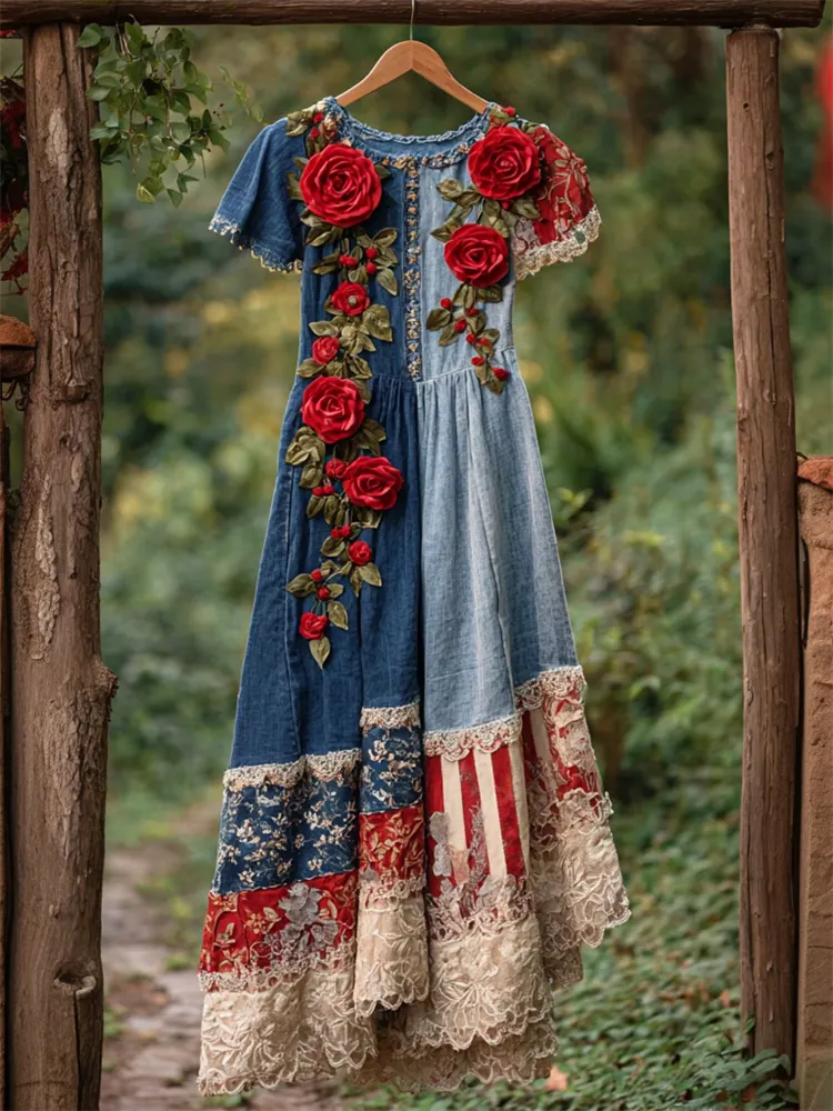 Vintage Red Roses American Flag Inspired Lace Denim Maxi Dress