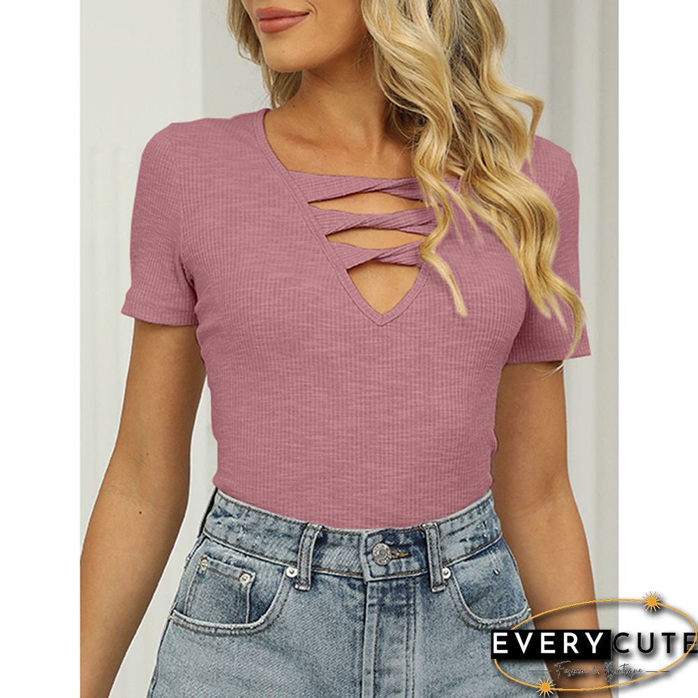 Pink Rib Strappy Hollow-out Neck Short Sleeve Tees