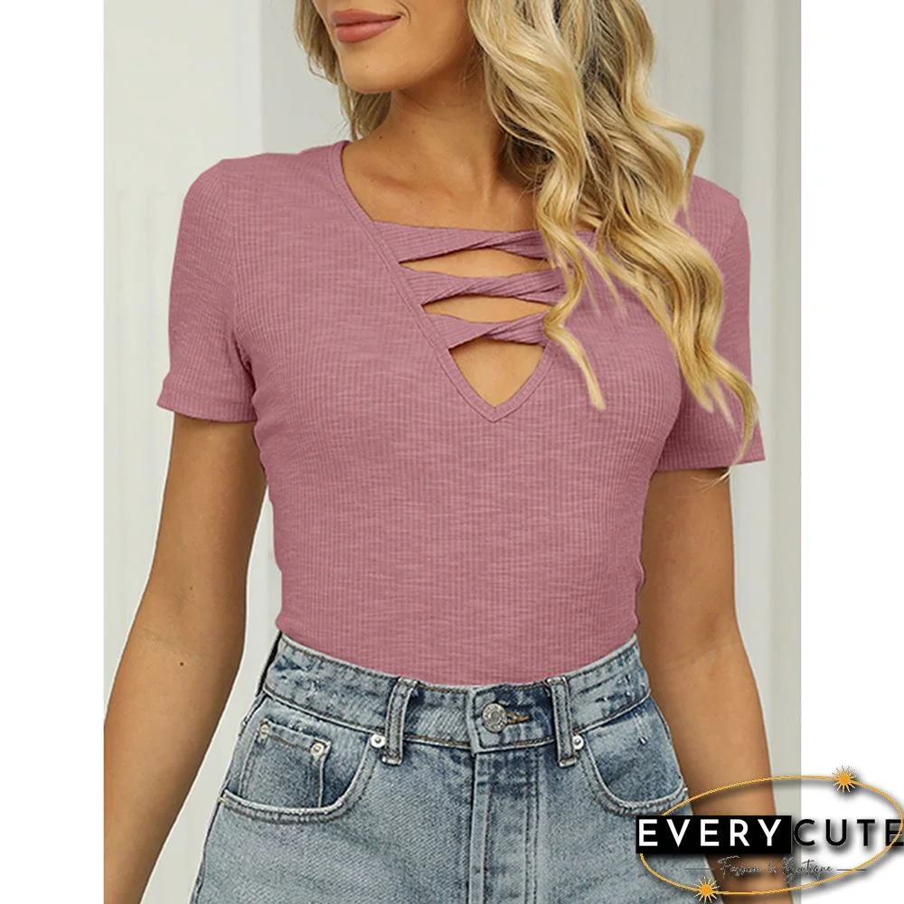 Pink Rib Strappy Hollow-out Neck Short Sleeve Tees