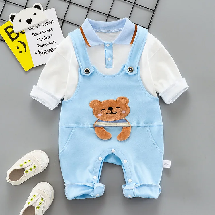 Baby Boy Mock Two-pieces Bear Suspender Long Sleeve Romper