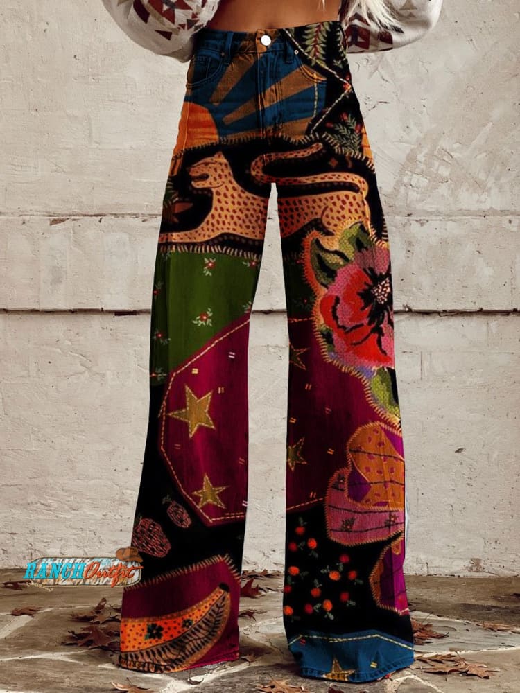 Women’s Vintage Print Casual Wide Leg Pants Multicolor / Xs