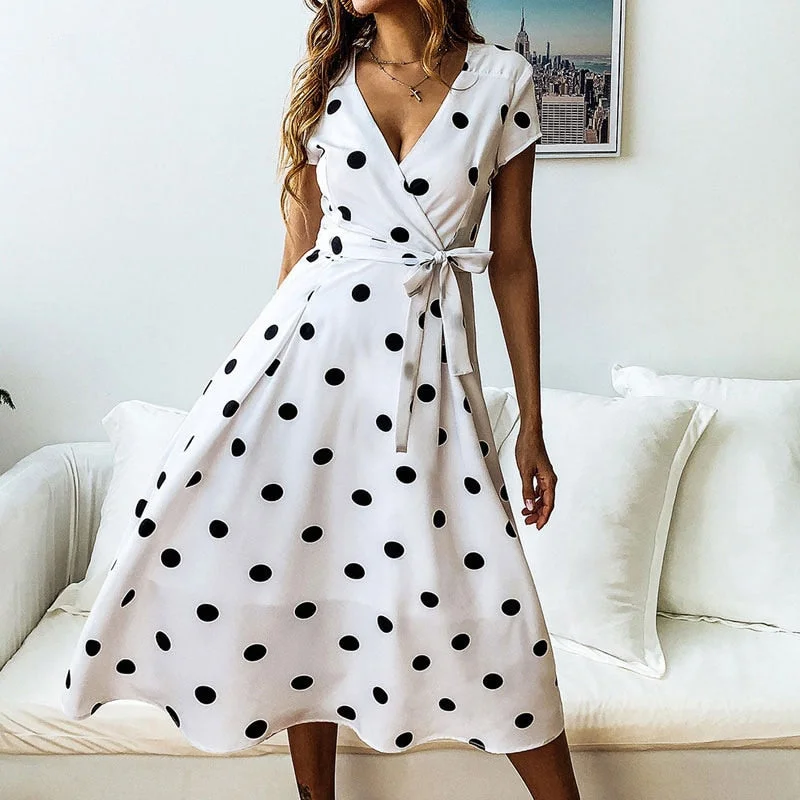 2021 Summer Dress Women Vintage Dress Casual Polka Dot Printed A-Line Party Dresses Sexy V-neck Short Sleeve Long Dress Fashion