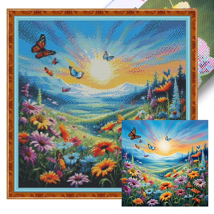 【Huacan Brand】Butterfly In Flowers 11CT Stamped Cross Stitch 45*45CM