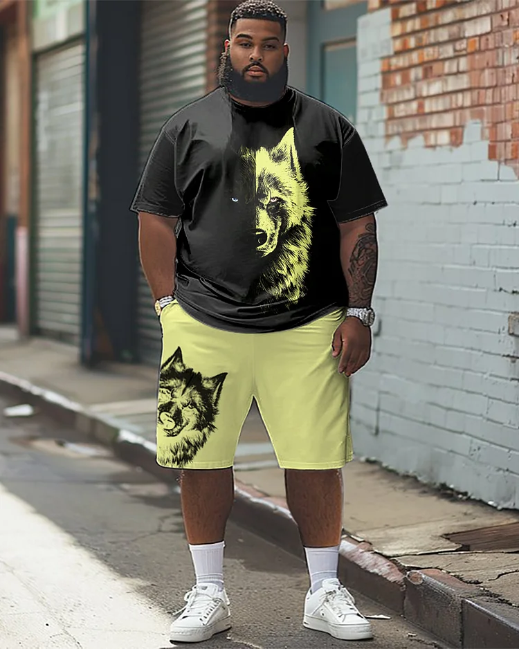 Men's Plus Size Eco-friendly Watermark Craft Wolf Pattern Printed T-shirt Shorts Suit