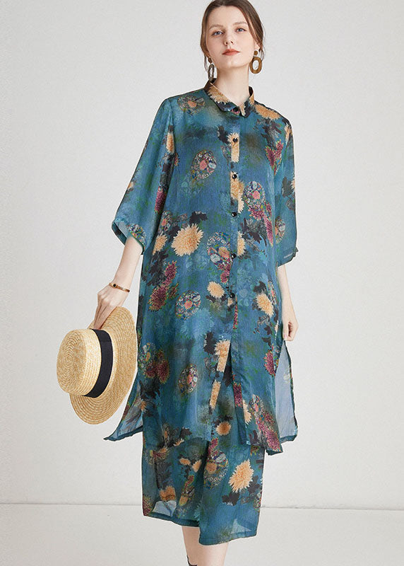 VCSHOES Blue Print Side Open Chiffon Two Pieces Set Summer
