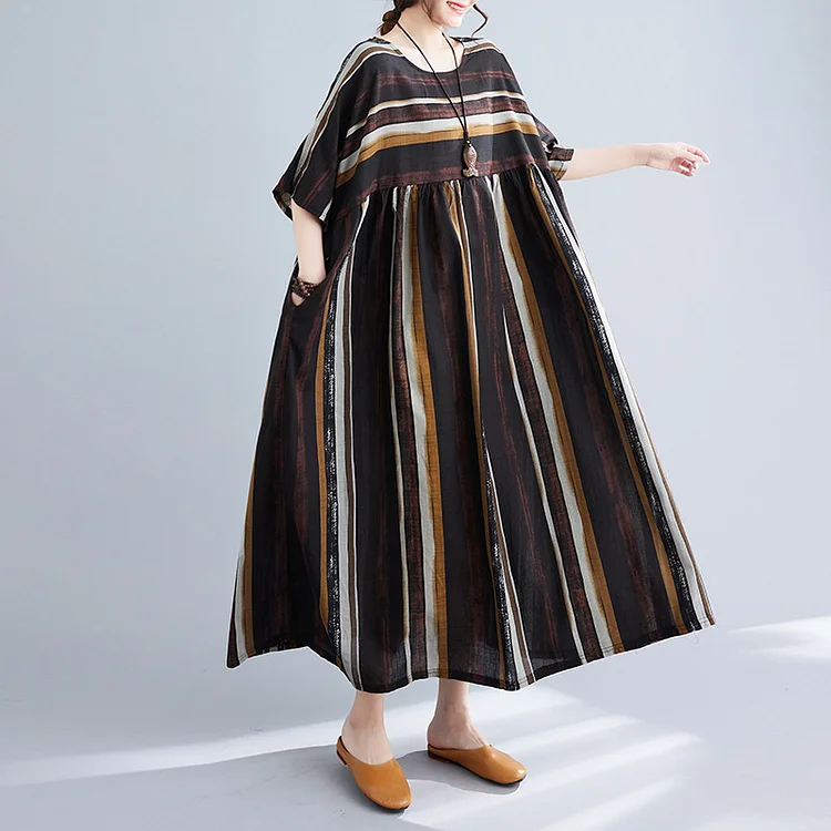 Simple Striped Round Neck Short Sleeve Maxi Dress