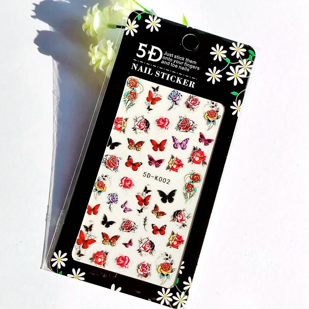 5D Butterfly Nail Sticker Engraved White Flower Sliders Embossed Lace Wedding Nail Art Design Monogram Decals Manicure Tools-Nail Inspo