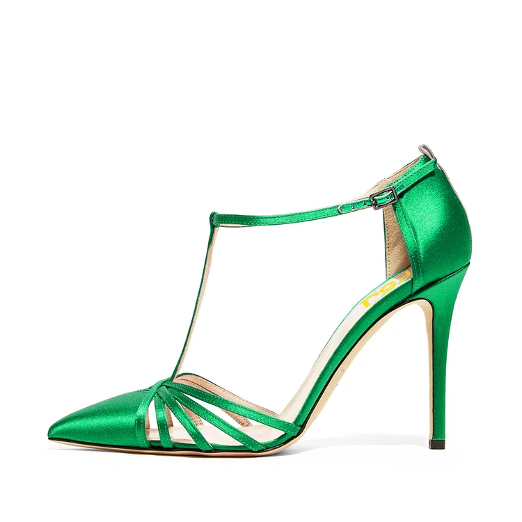 Green T-strap Sandals Satin Pointy Toe Stiletto Heels Shoes |FSJ Shoes