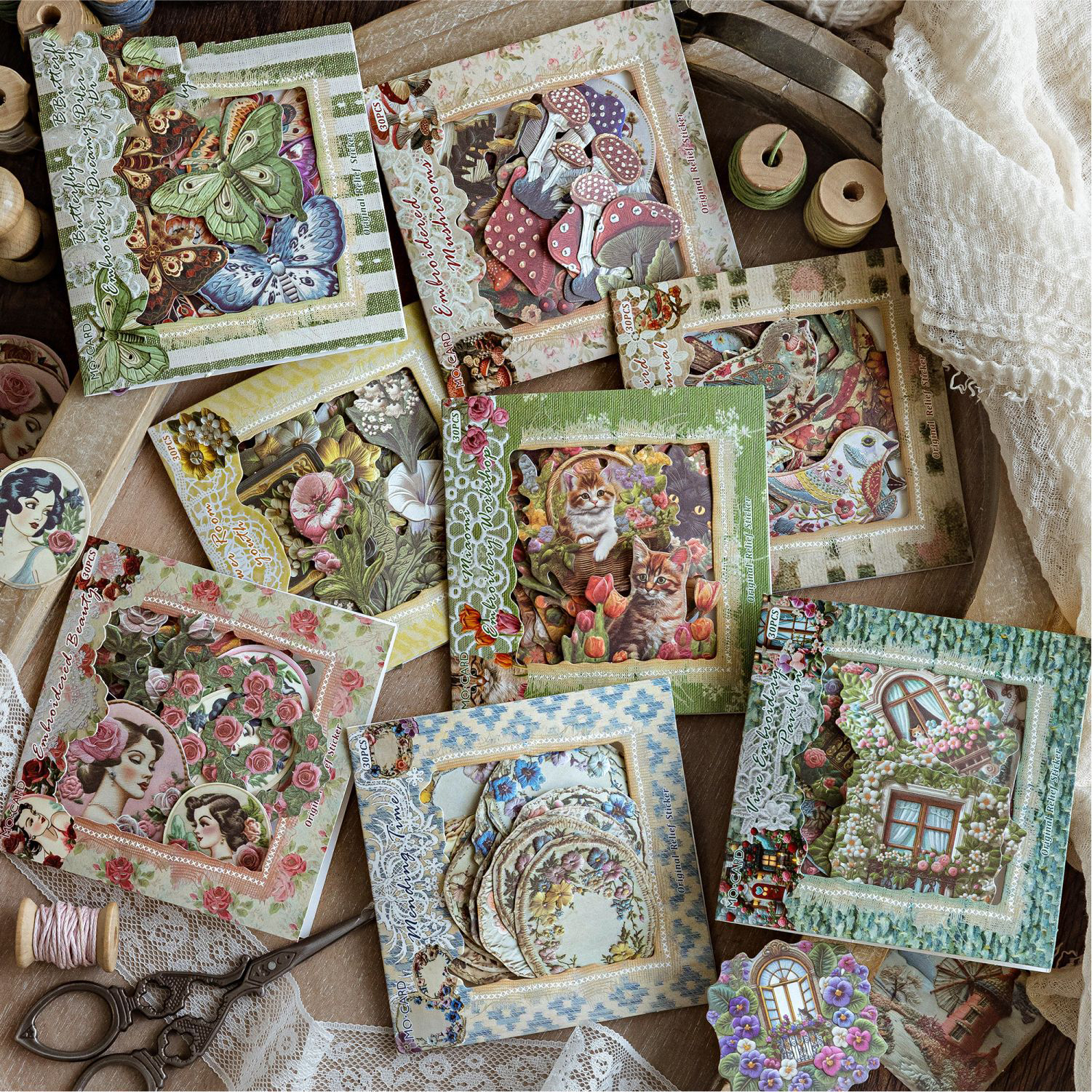 릴리프 스티커 - 자수 스토리 시리즈 빈티지 식물 꽃 나비