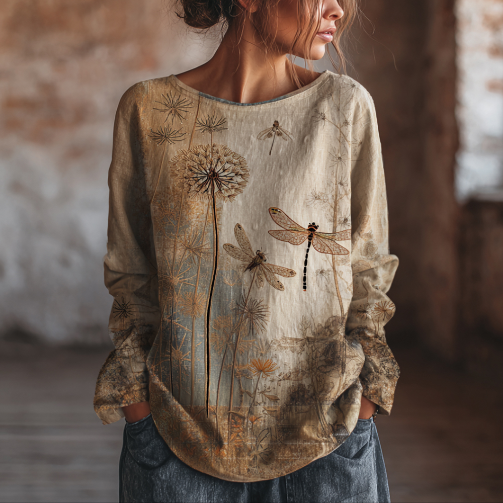 Comstylish Women's Floral And Dragonfly Art Embroidered Cotton Linen Casual Crew Neck Top