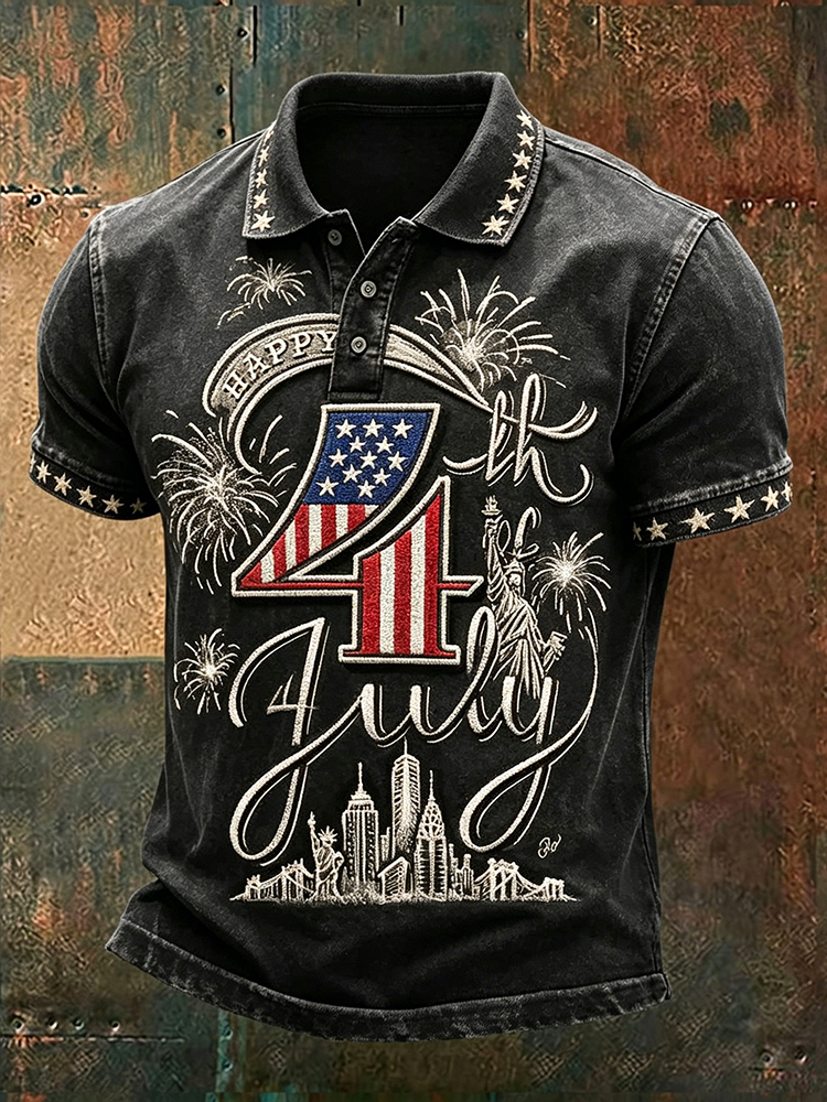  Men's Independence Day Inspired Pattern Vintage Washed Polo Shirt Westsshops