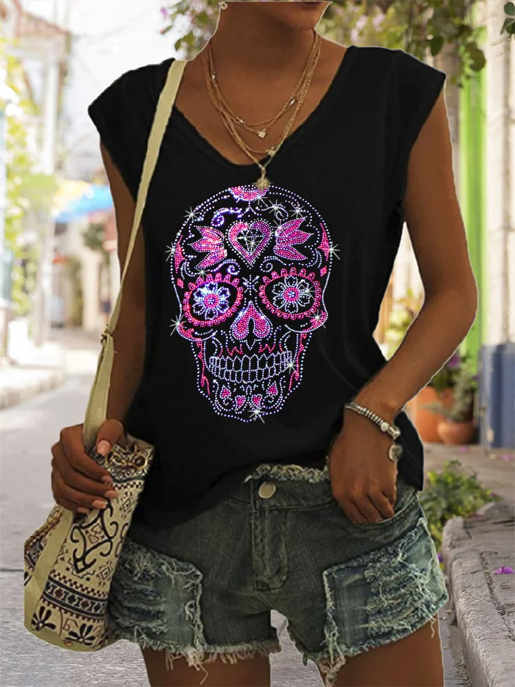 Sugar Skull Glitter Art V Neck Tank Top