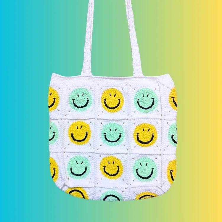 Lulusnow Handmade Green Yellow Smiley Faces Granny Square Crochet Tote Bag Shoulder Bag, Amigurumi Smile Shoulder Bag, Handmade Bag Gifts