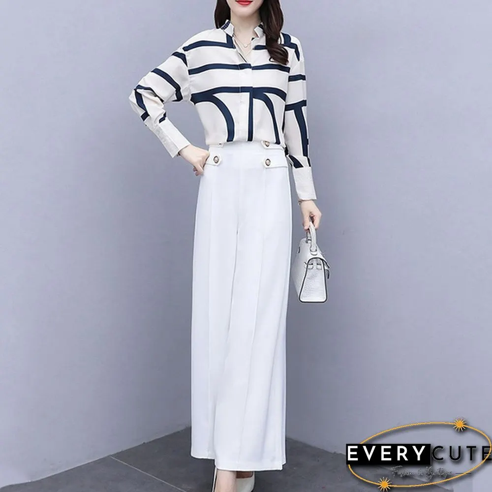 Autumn Fashion Office Two Piece Set Outfits Women Striped Chiffon Shirt Wide Leg Pants