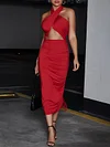 Sexy Halterneck Hollow Backless Solid Color Midi Dress
