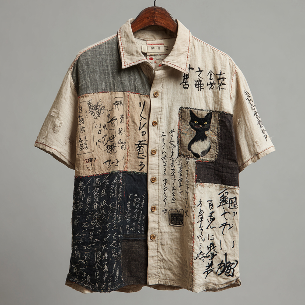 Comstylish Vintage Japanese Calligraphy And Cat Art Patchwork Embroidered Washed Short Sleeve Shirt