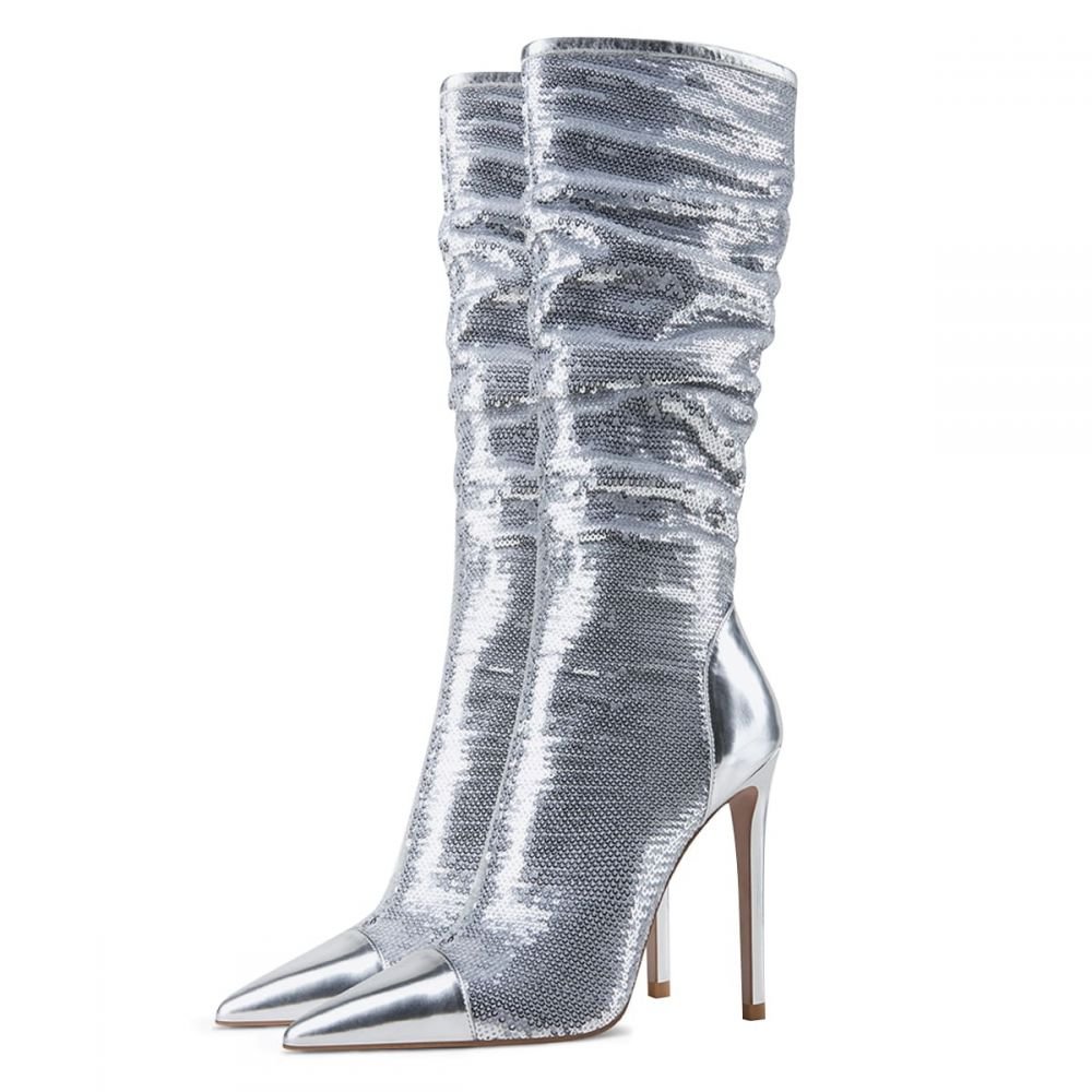 Silver Splicing Sequins Pointy Toe Boots Stiletto Heels Nicepairs