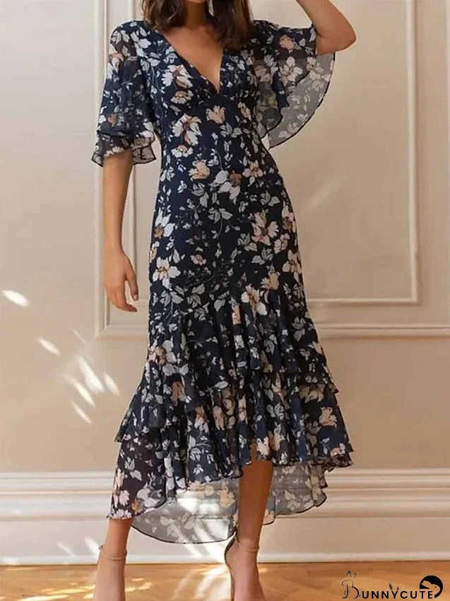 Long Dress Maxi Dress Casual Dress Chiffon Dress A Line Dress Floral Fashion Streetwear Daily Holiday Vacation Ruffle High Low dress Half Sleeve V Neck Dress Regular Fit Navy Blue Summer for Women