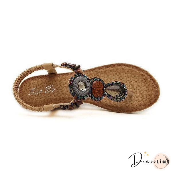 Bohemian Bead Clip Toe Elastic Wedge Heel Beach Flip Flops Sandals