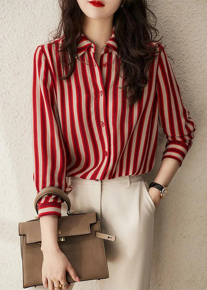 Simple Red Peter Pan Collar Striped Patchwork Chiffon Shirt Long Sleeve