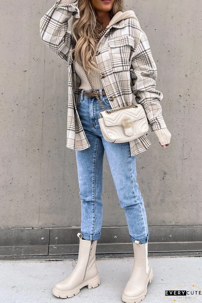 Winter Outfits Plaid Shacket Jacket Coat with Hood