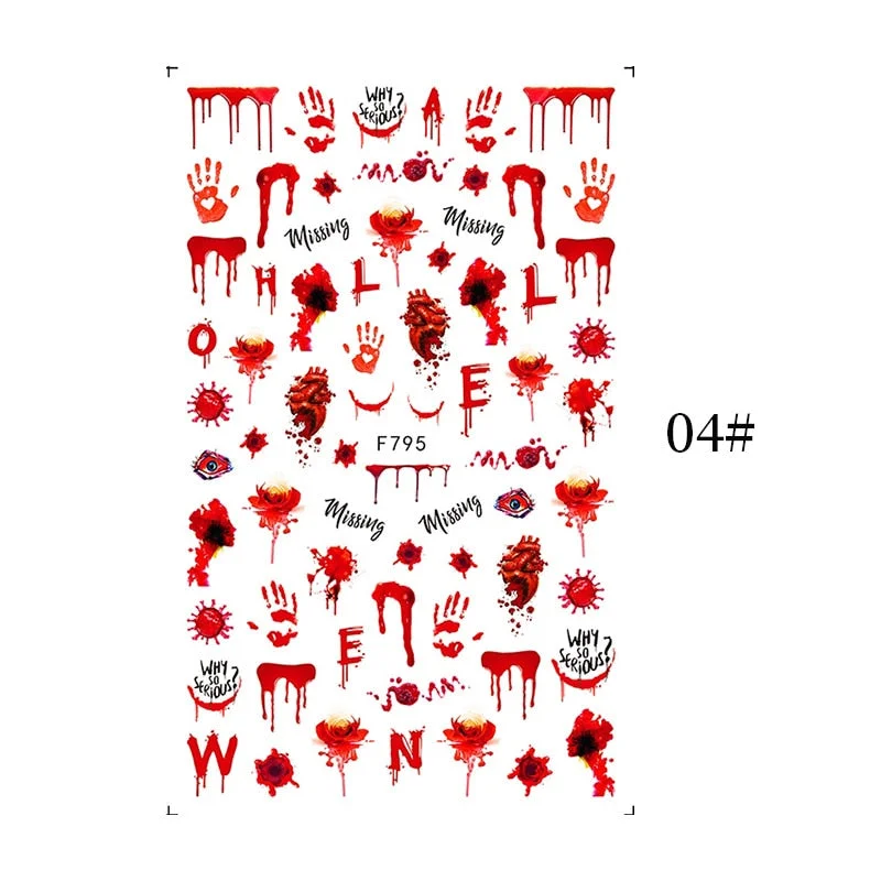 1PCS Bloody Halloween Theme Nail Foil Stickers Red Hand Scar Lips Snake Anime Nail Design 3D ManicureS Gel Polish Decor Sliders