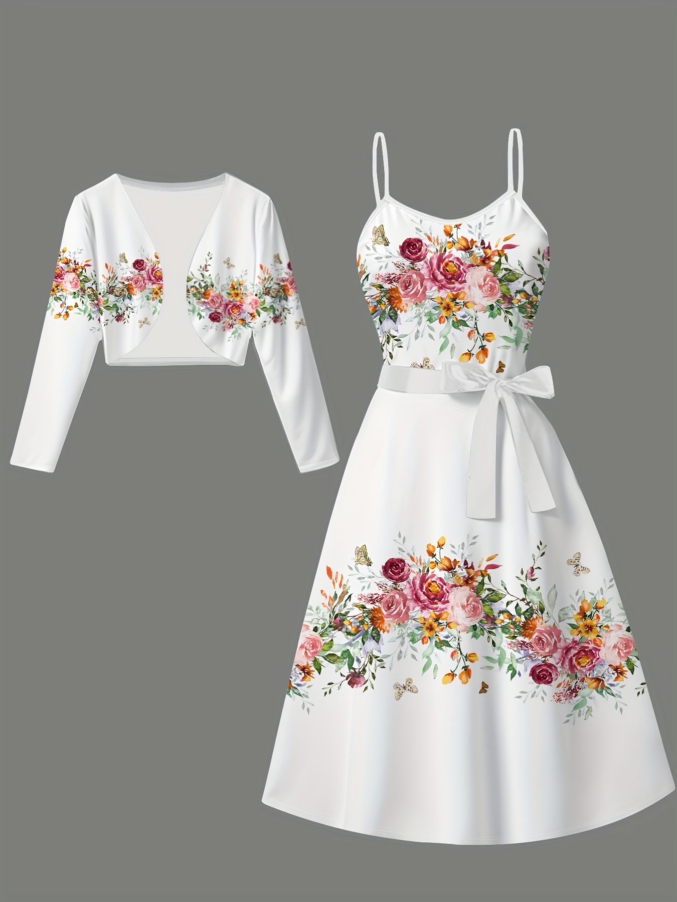 [Floral Print Jacket Set] Floral Print Jacket Set - Elegant Women's Long Sleeve Cropped Jacket + Belt + Cami Dress with Vibrant Floral Print - White with Colorful Flowers, Green Leaves & Butterflies, Perfect for Spring & Summer, Spring Fashion